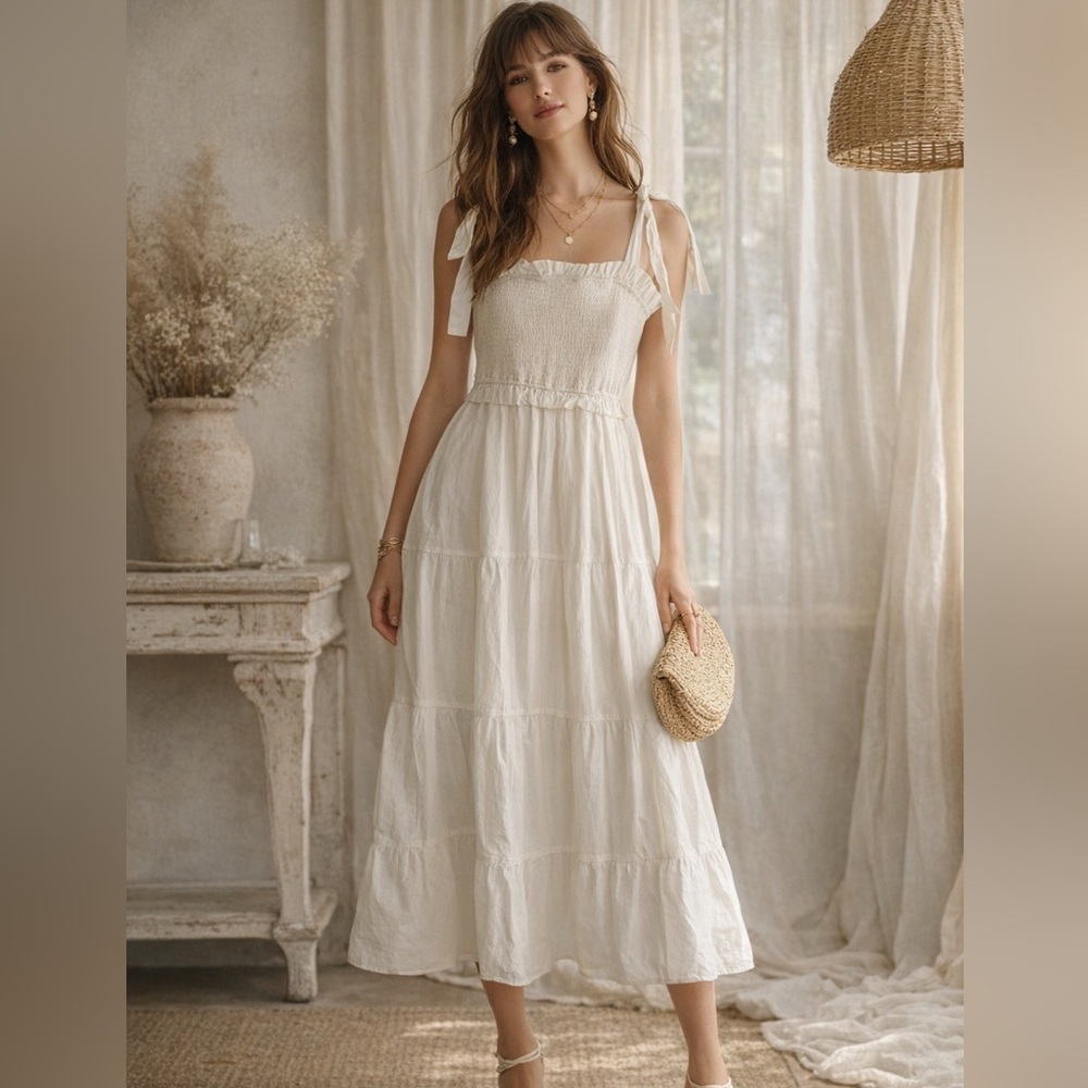 NWT HEYSON White Smocked Tie Strap Tiered Midi Dress S Cottagecore